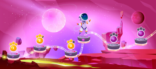 Wall Mural - space game ui level map with planet vector screen background. galaxy cartoon illustration with alien