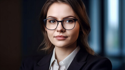 Portrait of a young businesswoman in a suit and glasses. Generative AI