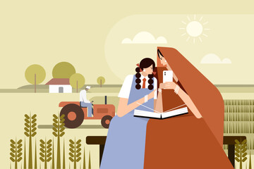 Illustration of an Indian rural woman and daughter learning with the help of a mobile phone