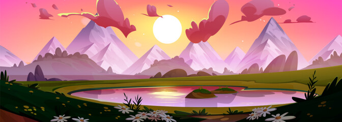 Wall Mural - Sunrise in mountain sky cartoon landscape vector background. Lake and sun in summer morning with nature scenery. Pink water on sunset peaceful heaven wilderness panorama with chamomile flower.
