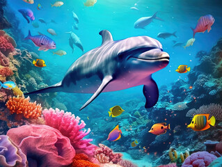 Wall Mural - Dolphin with group of colorful fish and sea animals with colorful coral underwater in the ocean