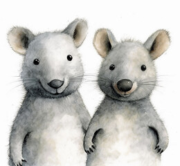 Funny cartoon illustration of two grey rats isolated on a white background. Generative AI