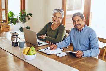 Wall Mural - Portrait, budget and senior couple with bills, paperwork and finance documents for life insurance. Retirement, planning and happy elderly man and woman on laptop for pension, payment and investment