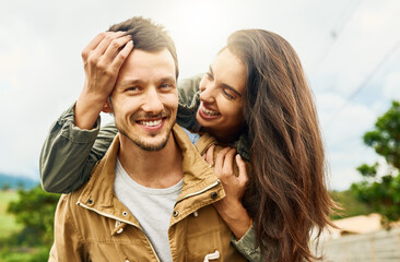 Poster - Smile, love and piggyback with couple in nature for happy, weekend and bonding. Happiness, relax and care with portrait of man carrying woman on countryside date for spring, vacation and support