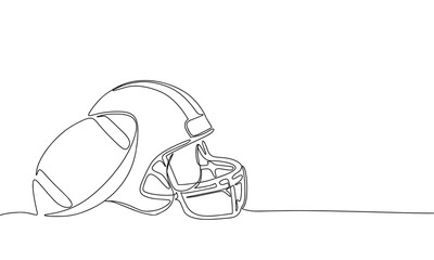 American football helmet and ball continuous line drawing element isolated on white background for decorative element. Vector illustration of gridiron in trendy outline style.