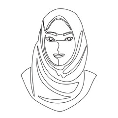 Wall Mural - Arabic woman in hijab, continuous line drawing element isolated on white background for decorative element. Vector illustration of face of Arabic woman in trendy outline style.