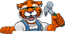 A Tiger Cartoon Animal Mascot Carpenter Or Handyman Builder Construction Maintenance Contractor Peeking Around A Sign Holding A Hammer
