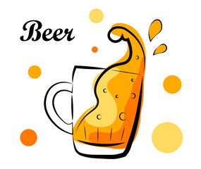 A glass of beer with splashes on a white background. Vector illustration in doodle style