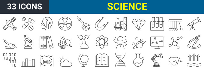 Wall Mural - Set of 33 line icons related to science. Outline icons collection. Simple vector illustration. Editable stroke