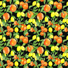  Handpainted watercolor seamless pattern with lemons and oranges