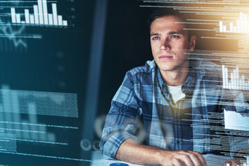 Leinwandbilder - Code, hologram and man with cloud, programming or database with charts, graphs or cyber security. Male person, employee or programmer with digital software, connection or holographic with information