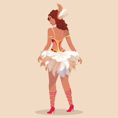 Canvas Print - Side View of Feather Headdress Wearing Brazilian Female Character In Standing Pose on Peach Background. Carnival Or Samba Dance Concept.