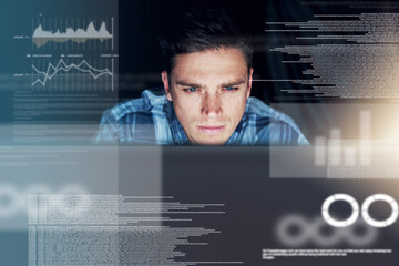 Leinwandbilder - IT, programmer and man with hologram, data analysis or digital software with security analytics. Male person, employee and coder with concentration, holographic and coding with programming or info