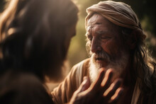Close-up Of Jesus Extending His Hand To Heal A Blind Man, Bokeh Generative AI