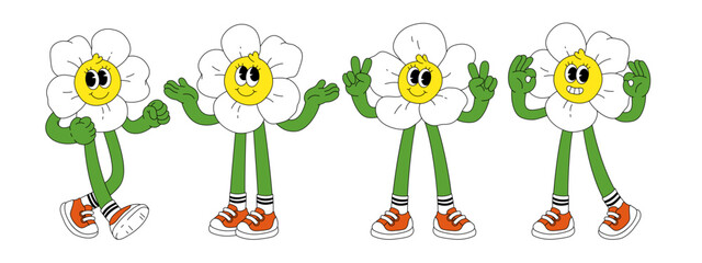 Wall Mural - Flower retro funky cartoon characters. Comic mascot of daisy with happy smile face, hands and feet. Groovy summer vector illustration. Fruits flower berries juicy sticker pack.