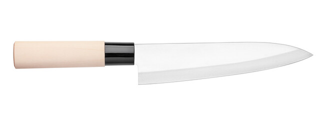 kitchen carving knife with wood handle, cutlery isolated on white background, full depth of field