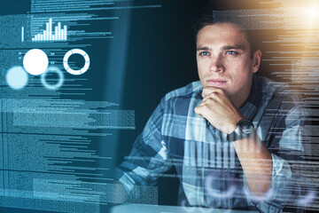 Leinwandbilder - Focus, hologram and man with programming, digital software and cyber security with database, research and charts. Male person, coder and programmer with data analysis, holographic and innovation