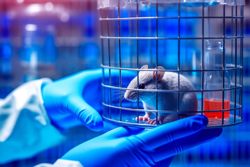 Wall Mural - Hand of scientist holding a small mouse in cage for experiment in laboratory, created with Generative AI Technology