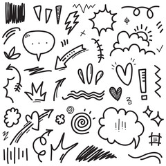 Wall Mural - Vector set of hand-drawn cartoony expression sign doodle, curve directional arrows, emoticon effects design elements, cartoon character emotion symbols, cute decorative brush stroke lines.