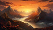 © HENI - Realistic mountain view at sunset, AI generated.
