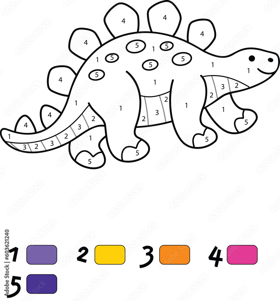 Dinosaur Color By Number Coloring Pages Stock Vector | Adobe Stock