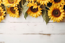 Blooming Sunflowers On White Wooden Background With Copy Space. 