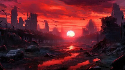 Wall Mural - A post-apocalyptic wasteland with a blood-red sky in the background. Fantasy concept , Illustration painting. Generative AI