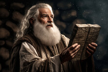Moses, The Wise And Determined Leader, With A Flowing White Beard And A Commanding Presence, Holding The Stone Tablets Of The Ten Commandments, Bokeh Generative AI