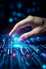 Man hand touching on search bar for Search Engine Optimization or SEO concept to find information or data by internet connection. Internet, network, database, information system. created with ai