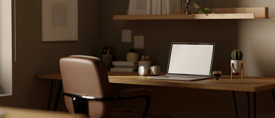 Wall Mural - modern contemporary home workspace with laptop and accessories on a wooden table