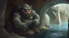 A Troll Under A Bridge. Fantasy Concept , Illustration Painting. Generative AI
