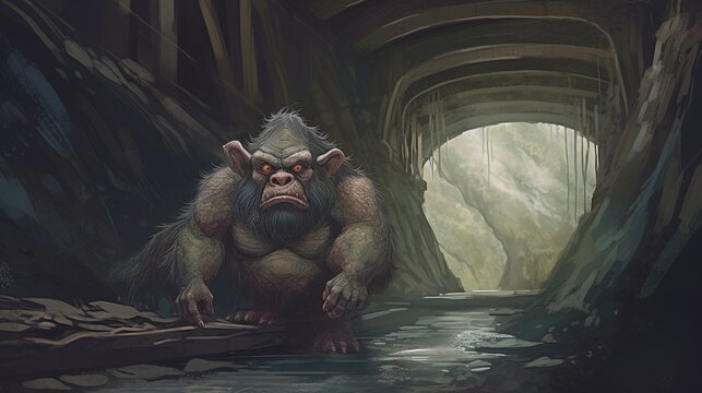 A troll under a bridge. Fantasy concept , Illustration painting. Generative AI