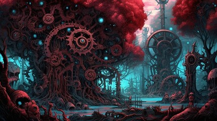 Wall Mural - A surreal forest with trees made of gears and machinery. Fantasy concept , Illustration painting. Generative AI