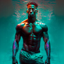 Aquatic Strength: Muscular Afro-American Man Submerged, Revealing Powerful Physique. Generative Ai