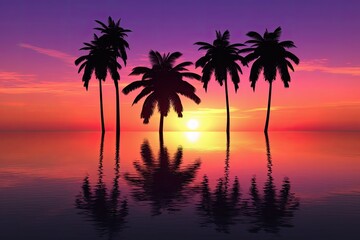 Poster - Sunset and Palm Trees silhouette Generative Ai