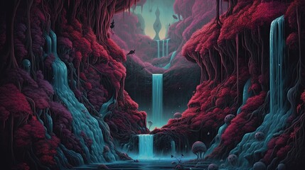 Wall Mural - Colorful waterfall in a surreal forest. Fantasy concept , Illustration painting. Generative AI