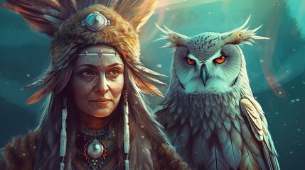 Wall Mural - A wise shaman and her spiritual owl guide journey through a mystical realm. Fantasy concept , Illustration painting. 
