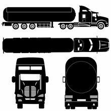 Tanker Truck Icon Silhouette On White Background. Vehicle Monochrome Icons Set View From Side, Front, Rear And Top