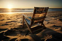 A Beach With A Beach Chair, With The Sun Setting In The Background - Generative AI