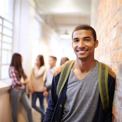 Aufkleber - University, education and portrait of man at college ready for studying, class and learning. Scholarship, knowledge and face of male student in hallway with friends for school, academy and campus