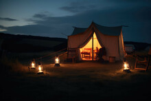 The Rustic Camper Tent With Candle Lit In Summer Evening - Generative AI