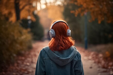 Red Hear Girl In A Empty Autumn Town Or City Street Park Listens To Music In Wireless Headphones. Girl No Face Visible On The Background Of Fall Golden Park. Generative AI