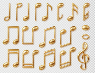 Gold music notes 3d symbols set. Vector realistic icon collection of classic music symbol isolated on transparent background.