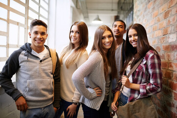Aufkleber - University, education and portrait of people on campus ready to study, class and learning together. Scholarship, diversity and happy men and women students smile for school, academy and college