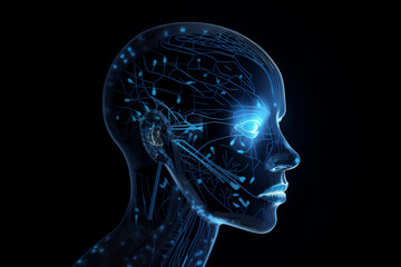 Wall Mural - neural network of big data and artificial intelligence circuit board in the head of a blue human fem