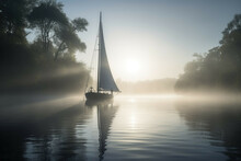 A Sailboat On A Misty River At Dawn. - Generative AI