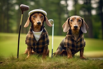 dachshund dogs playing golf illustration generative ai