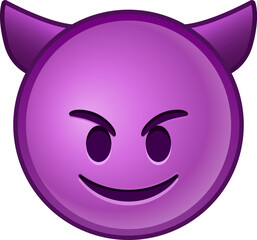 Top quality emoticon. Evil devil emoji. Happy purple emoticon with devil horns. Yellow face emoji. Popular element. Detailed emoji icon from the Telegram app.