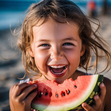 Portrait Of A Cute Little Girl Eating Watermelon At The Beach