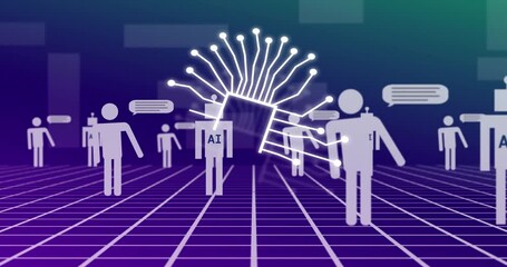 Animation of ai chat and data processing over grid on purple background